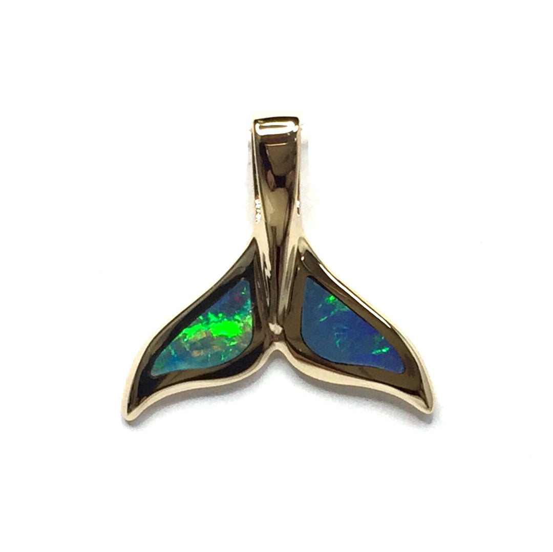 Whale tail necklaces natural opal double sided inlaid sea life pendant made of 14k yellow gold