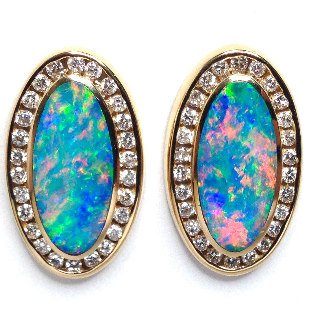 Opal Earrings Oval Inlaid Design .73ctw Round Diamonds Halo 14k Yellow Gold