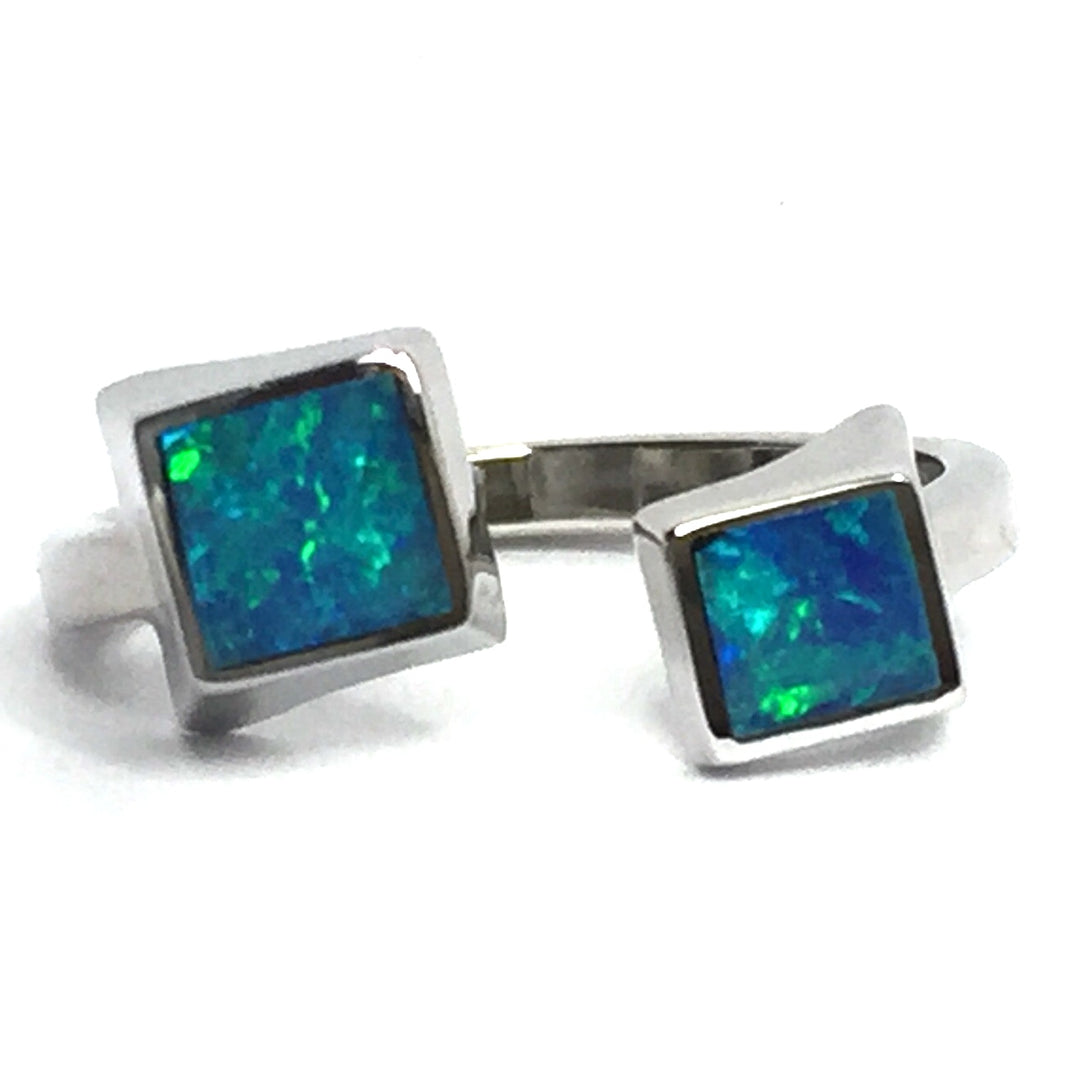 Natural Australian Opal Rings Square Ends Inlaid Wrap Design 14k White Gold