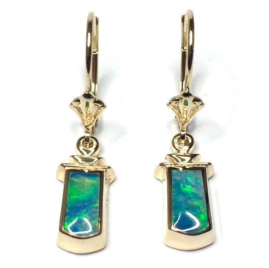 Opal Earrings Geometric Inlaid Design Lever Backs 14k Yellow Gold