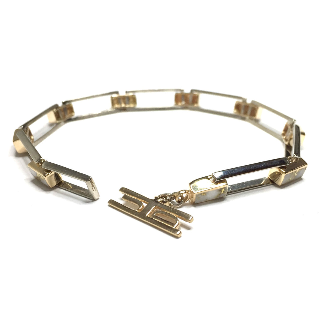 Rectangle Link Inlaid Gold Quartz Bracelet made of 14k White and yellow Gold