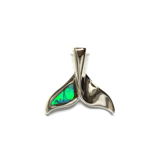 Whale tail necklaces single sided natural opal inlaid sea life pendant made of 14k white gold