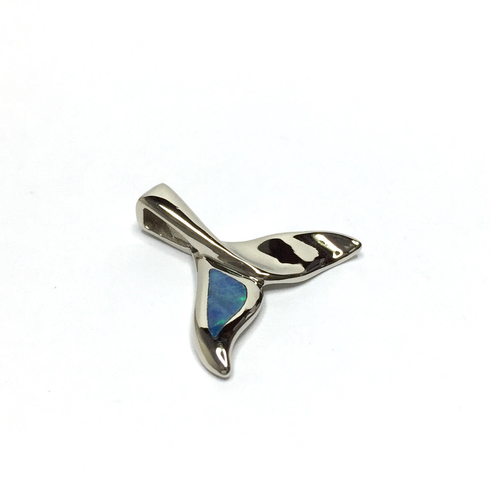 Whale tail necklaces single sided natural opal inlaid sea life pendant made of 14k white gold
