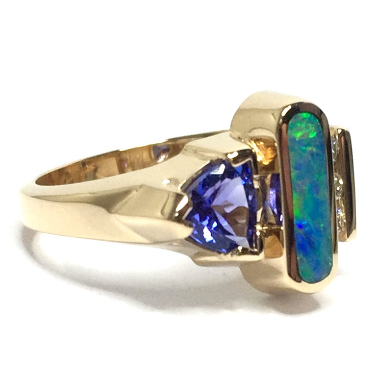 Natural Australian Opal Rings Oval Inlaid Trillion Cut Tanzanite .12ctw Diamond 14k Yellow Gold