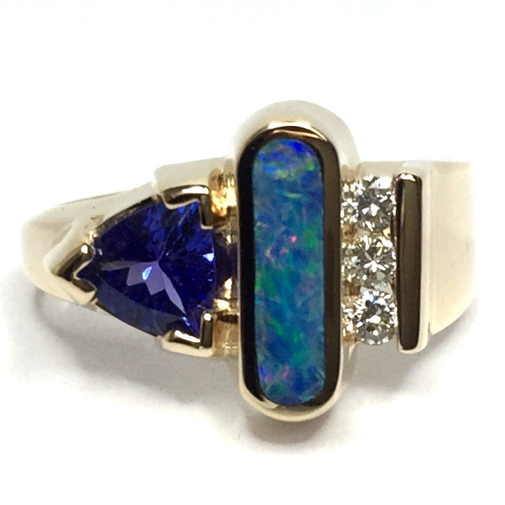 Natural Australian Opal Rings Oval Inlaid Trillion Cut Tanzanite .12ctw Diamond 14k Yellow Gold