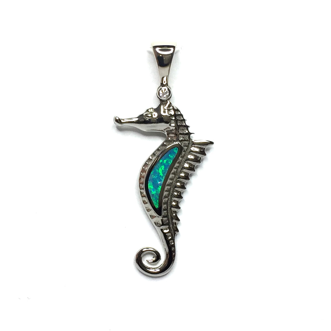 Opal Pendant Inlaid Realistic Sea Horse Design 14k White Gold