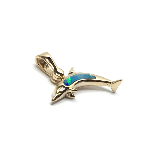 Opal Pendant Inlaid Sea Life Dolphin Design 14k Yellow Gold