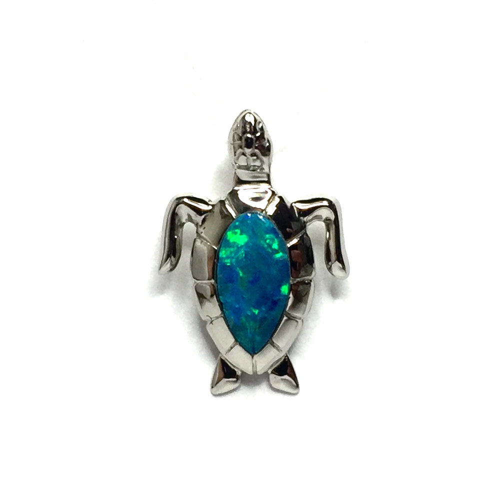 Opal Pendant Inlaid Realistic Sea Turtle Design 14k White Gold