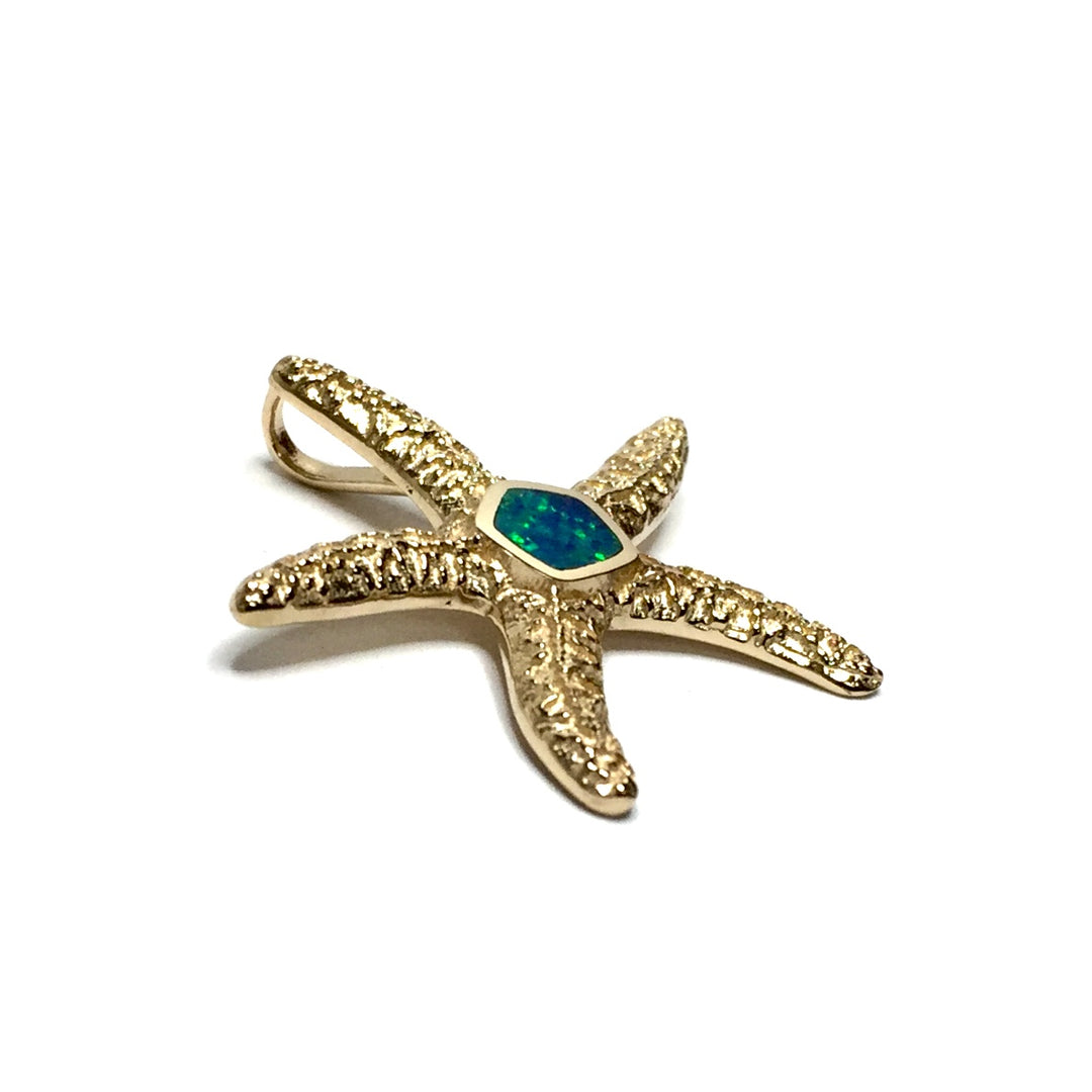 Opal Pendant Inlaid Realistic Star Fish Sea Life Design 14k Yellow Gold