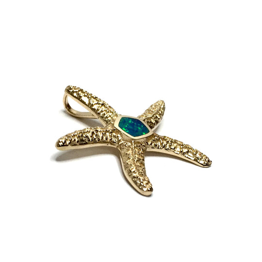 Opal Pendant Inlaid Realistic Star Fish Sea Life Design 14k Yellow Gold