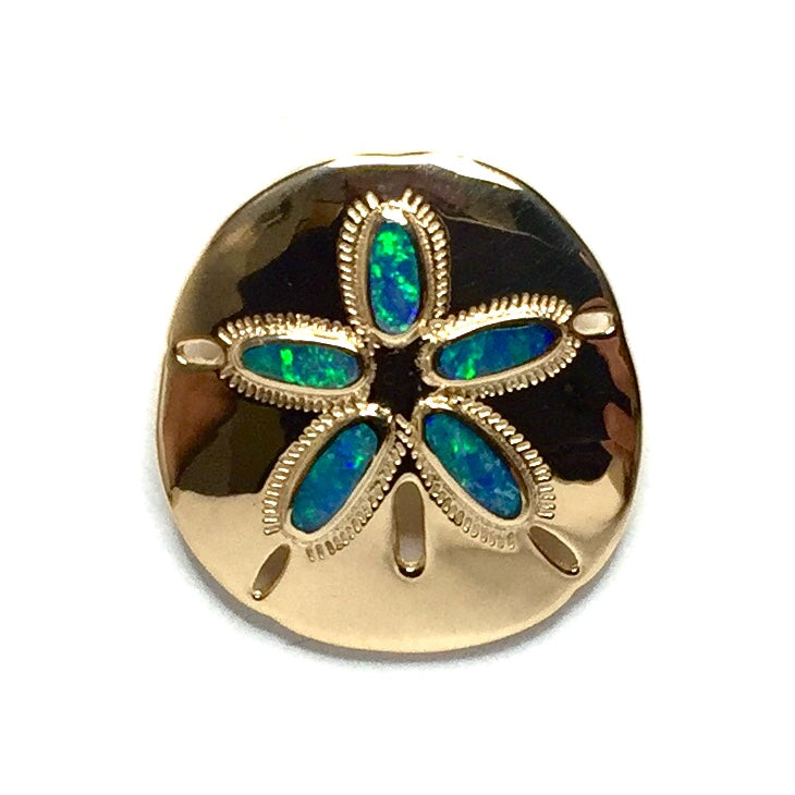 Opal pendant inlaid realistic sand dollar sea life design 14k yellow gold