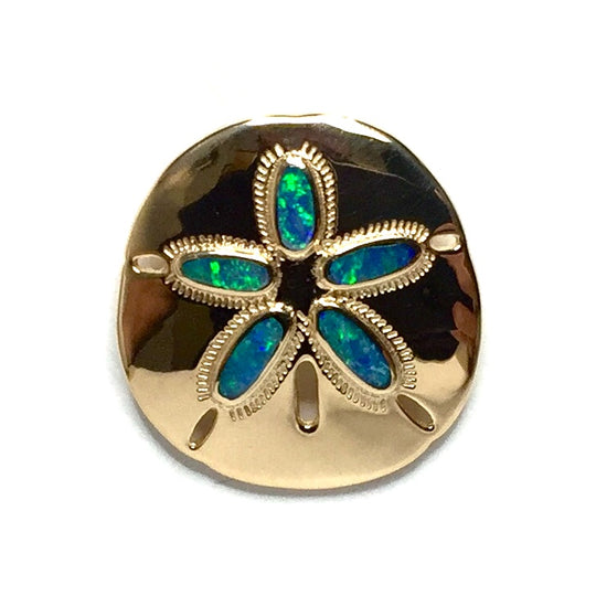 Opal pendant inlaid realistic sand dollar sea life design 14k yellow gold