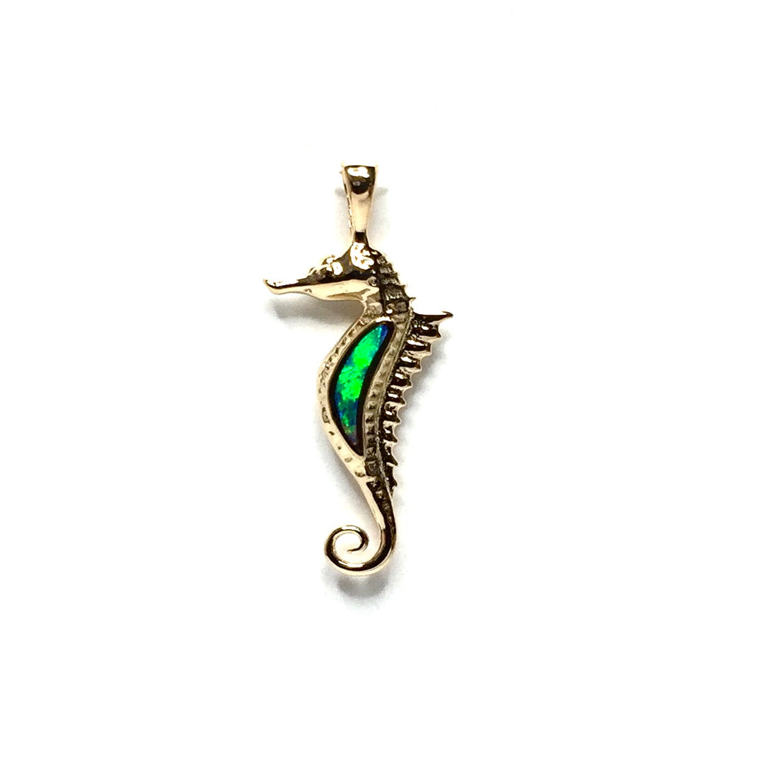 Opal Pendant Inlaid Realistic Sea Horse Design 14k Yellow Gold