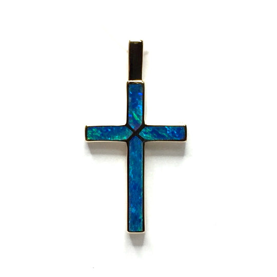 Opal Pendant 4 Section Inlaid Cross 14k Yellow Gold