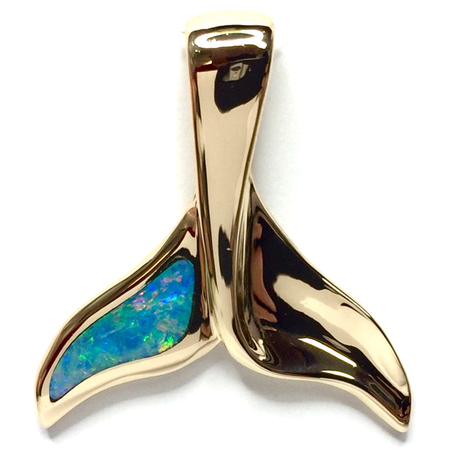 Whale Tail Necklaces Natural Australian Opal Single Side Inlaid Sea Life Pendant 14k Yellow Gold