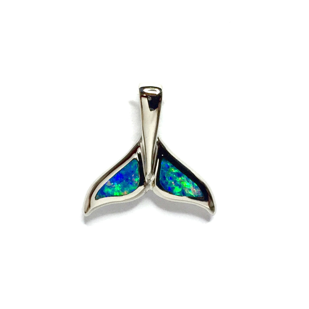 Whale tail necklaces natural opal double sided inlaid sea life pendant made of 14k white gold