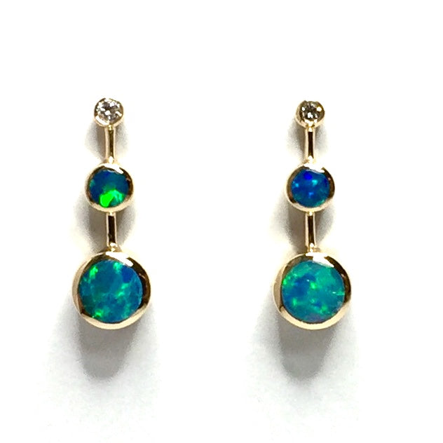 Opal Earrings Round Inlaid Tanzanite .04ctw Round Diamonds 14k Yellow Gold