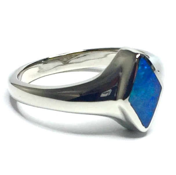 Opal Rings Diamond Shape Inlaid Design 14k White Gold