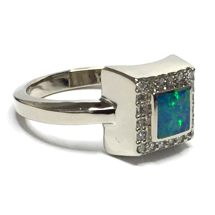 Natural Australian Opal Rings Square Inlaid .14ctw Round Diamonds Halo 14k White Gold