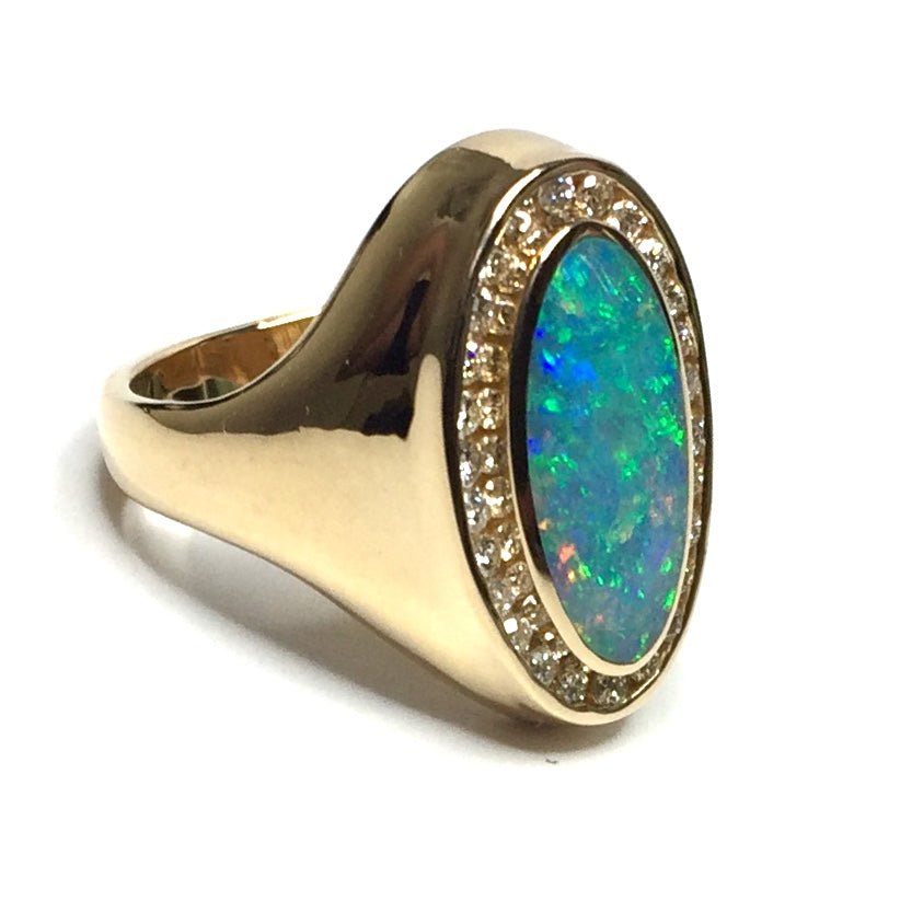 Opal Rings Oval Inlaid Design .36ctw Round Diamonds Halo 14k Yellow gold