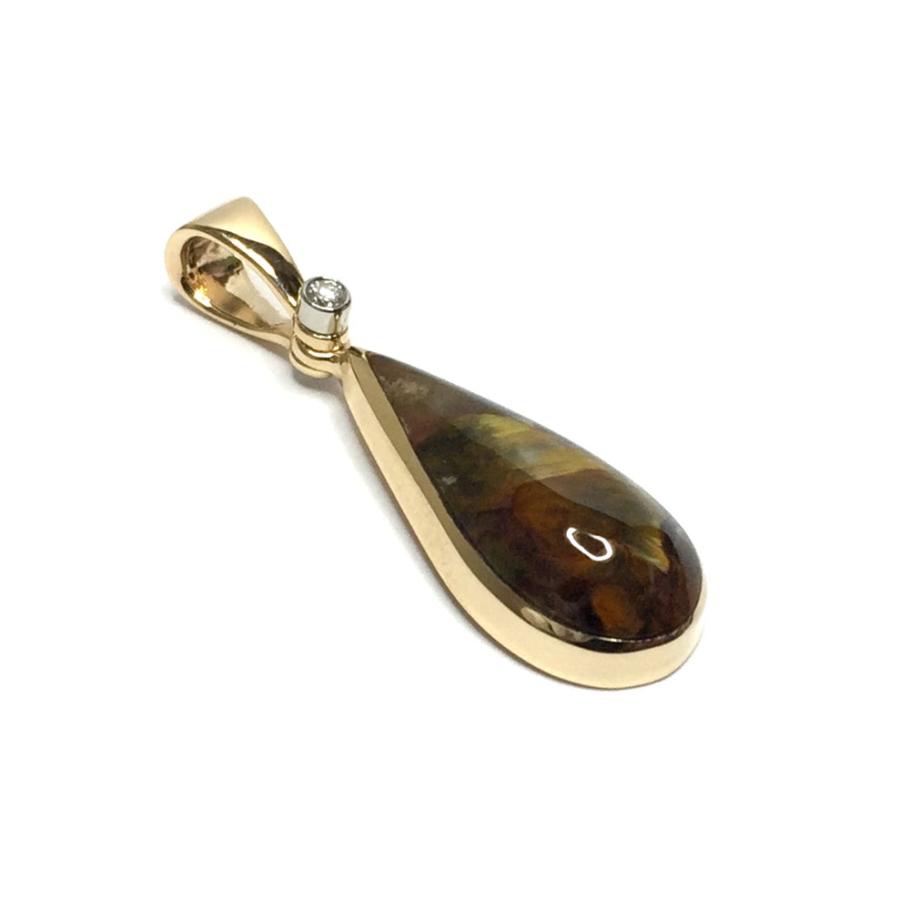 Natural pietersite tear drop inlaid and .02ct diamond pendant
