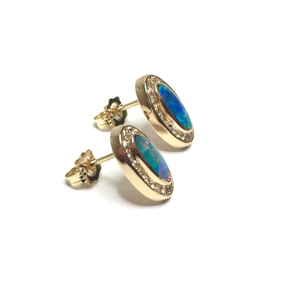 Opal Earrings Oval Inlaid Design .37ctw Round Diamonds Halo 14k Yellow Gold