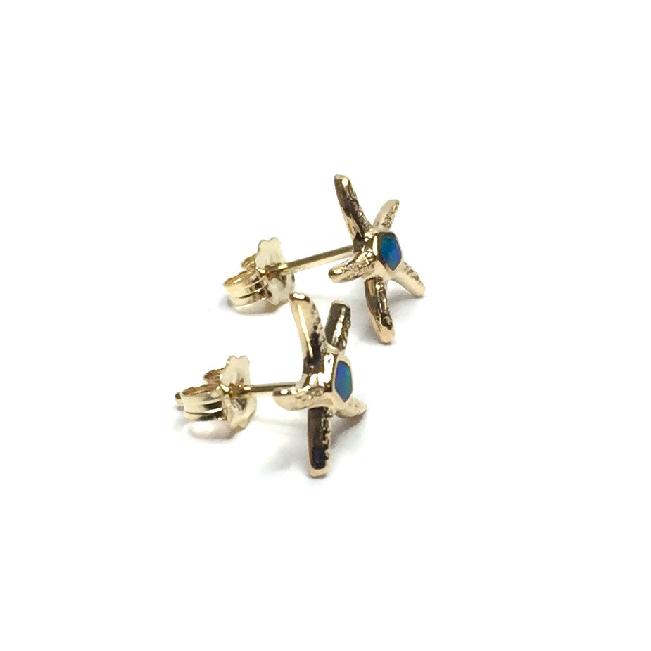 Opal Earrings Inlaid Realistic Star Fish Design Studs 14k Yellow Gold