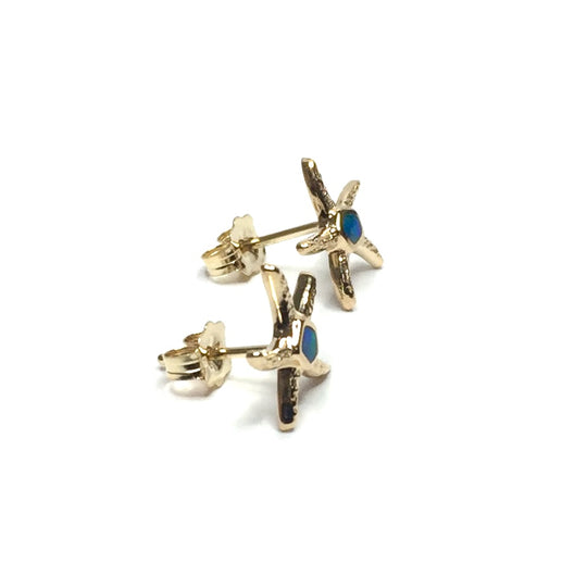 Opal Earrings Inlaid Realistic Star Fish Design Studs 14k Yellow Gold