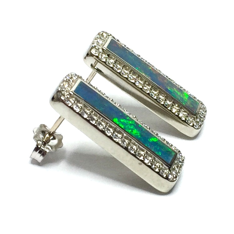 Opal Earrings Rectangle Inlaid .50ctw Round Diamond Halo Studs 14k White Gold