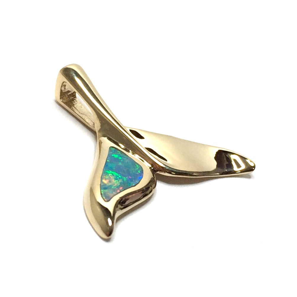 Whale tail necklace natural opal single sided inlaid sea life pendant made of 14k yellow gold