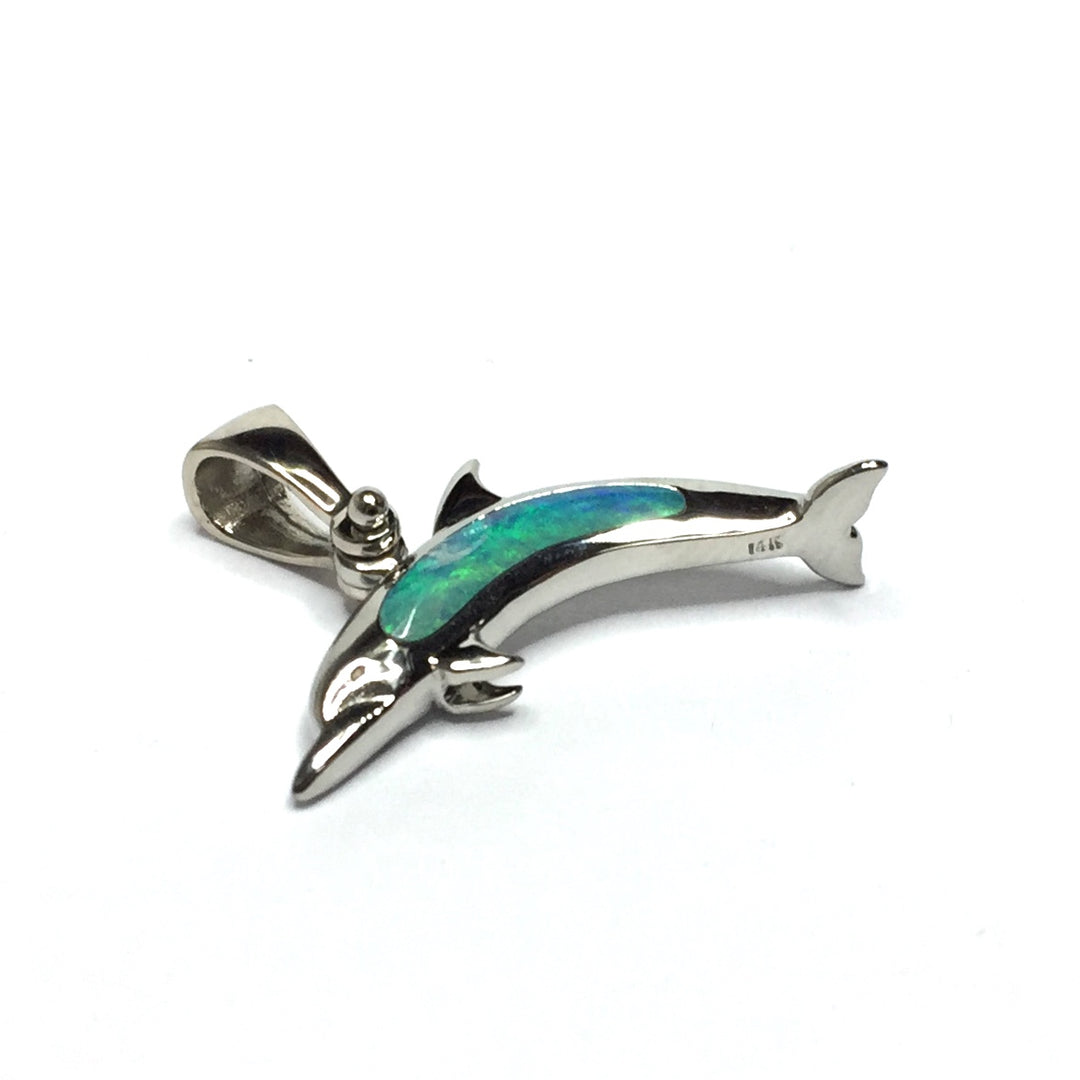Opal Pendant Inlaid Sea Life Dolphin Design 14k White Gold