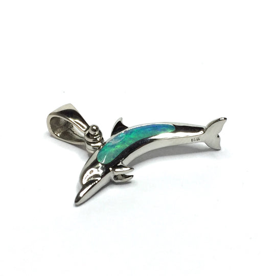 Opal Pendant Inlaid Sea Life Dolphin Design 14k White Gold