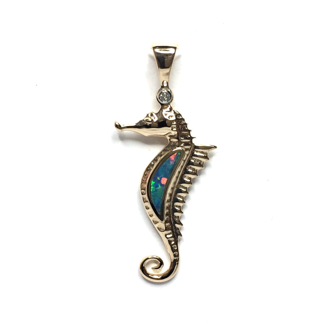 Opal Pendant Inlaid Realistic Sea Horse Design .02ct Round Diamond 14k Yellow Gold