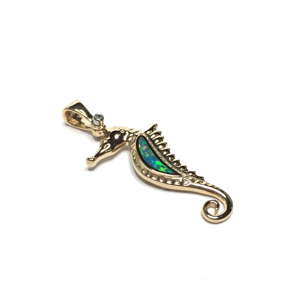 Opal Pendant Inlaid Realistic Sea Horse Design .02ct Round Diamond 14k Yellow Gold