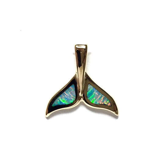 Whale tail necklaces natural opal double sided inlaid sea life pendant made of 14k yellow gold