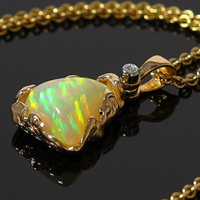 Hand Carved Natural African Opal Free Form One of a Kind Pendant. 14K Yellow Gold.