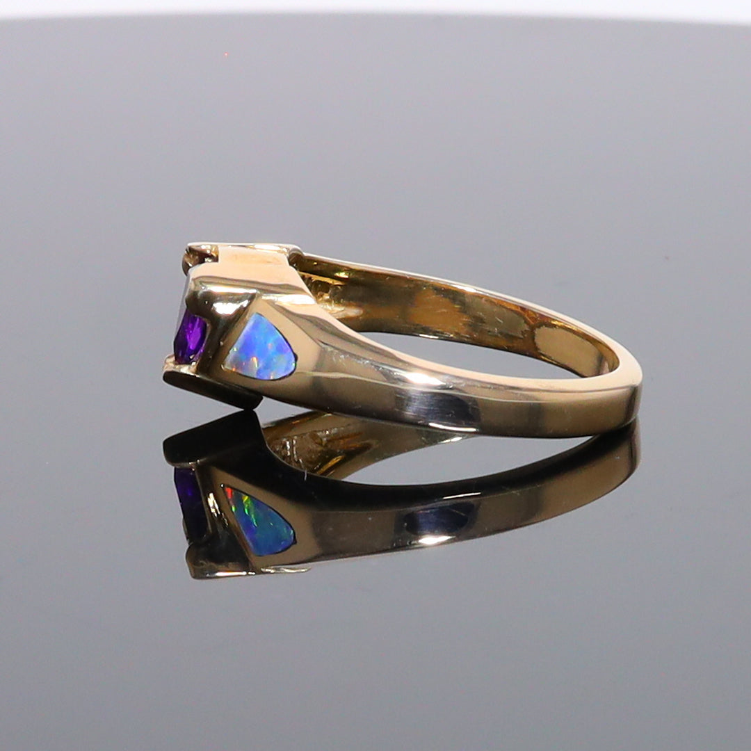 Opal Rings 2 Section Inlaid Design with Trillion Cut Amethyst Center