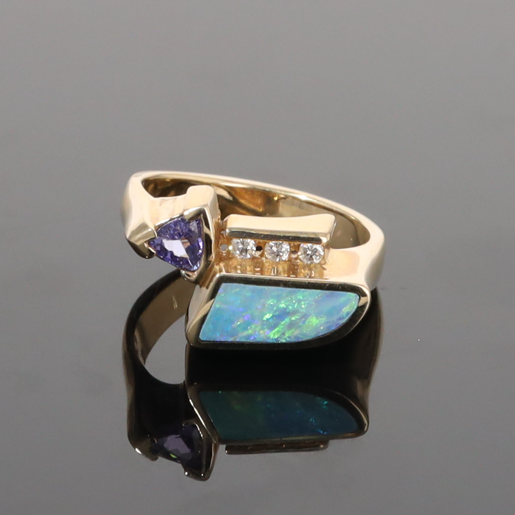 Opal Rings Geometric Inlaid with Tanzanite and .08ctw Round Diamonds