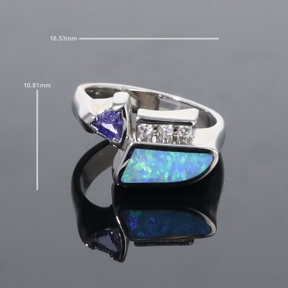 Opal Rings Geometric Inlaid Design with Tanzanite and .08ctw Diamonds