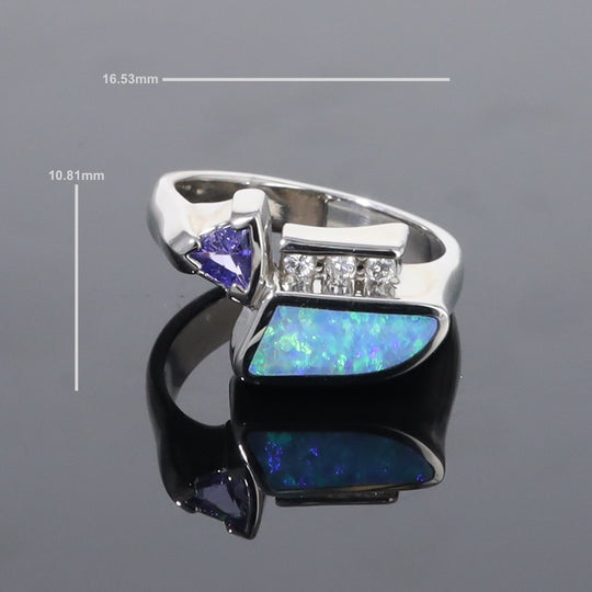 Opal Rings Geometric Inlaid Design with Tanzanite and .08ctw Diamonds