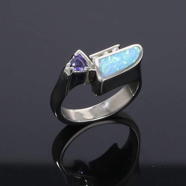 Opal Rings Geometric Inlaid Design with Tanzanite and .08ctw Diamonds