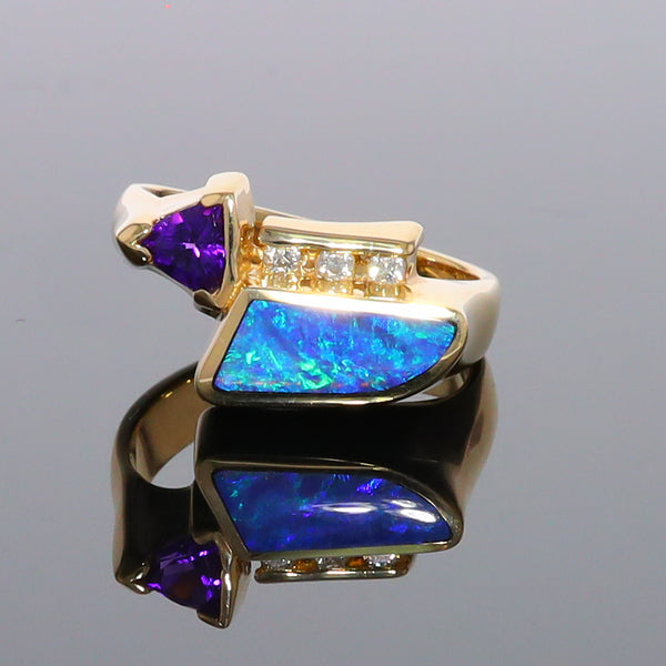 Opal Rings Geometric Inlaid with Amethyst and .08ctw Diamonds