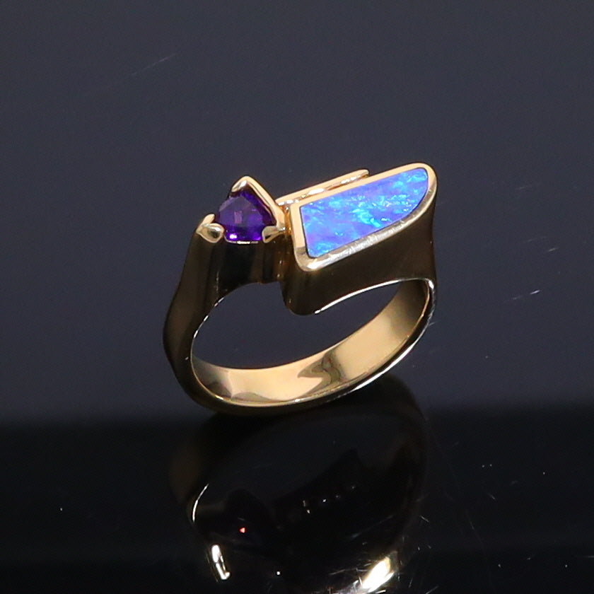 Opal Rings Geometric Inlaid with Amethyst and .08ctw Diamonds