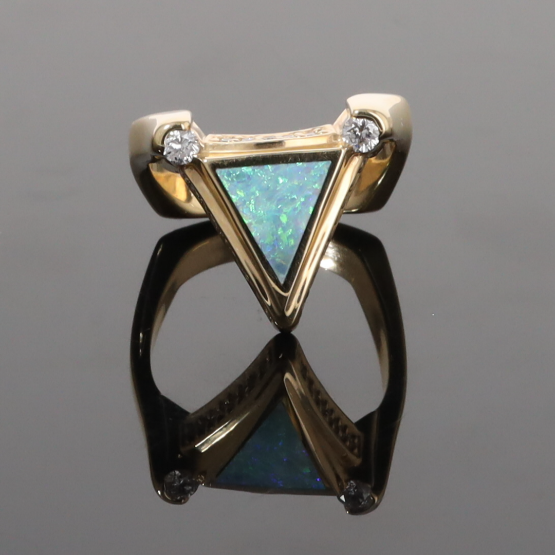 Opal Rings Triangle Inlaid Design with .31ctw Round Diamonds