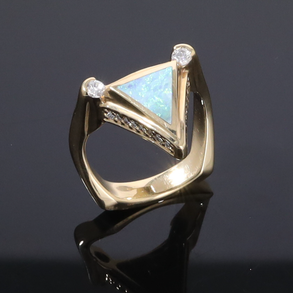 Opal Rings Triangle Inlaid Design with .31ctw Round Diamonds
