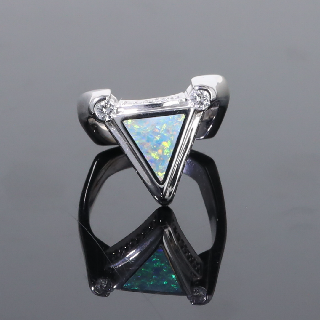 Opal Rings Triangle Inlaid Design with .31ctw Round Diamonds