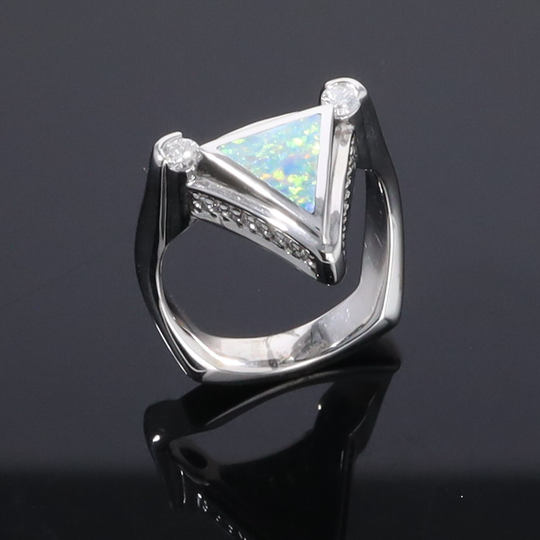 Opal Rings Triangle Inlaid Design with .31ctw Round Diamonds