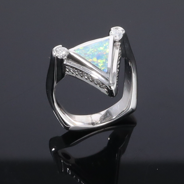 Opal Rings Triangle Inlaid Design with .31ctw Round Diamonds