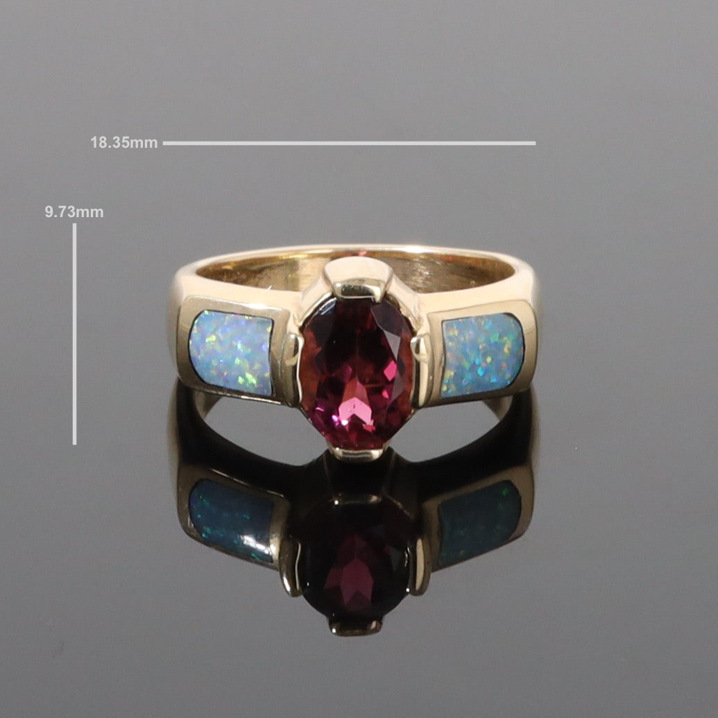 Opal Rings 2 Section Inlaid Design with Oval Pink Tourmaline