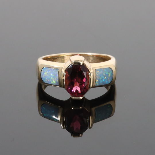 Opal Rings 2 Section Inlaid Design with Oval Pink Tourmaline